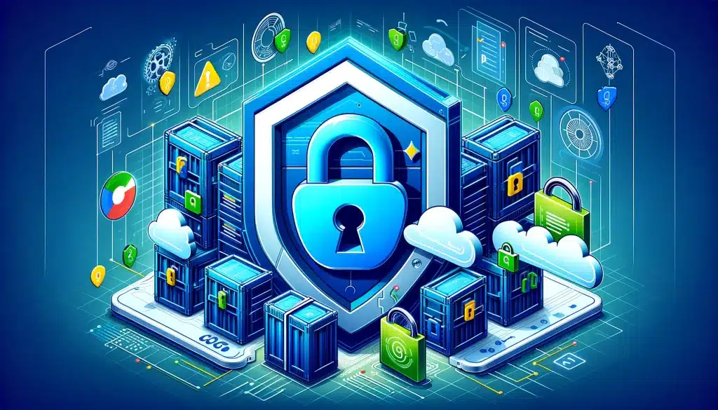 Gke security loophole: access insight! 🔐🌐 Google kubernetes engine security loophole: access permissions explained" is designed, this time highlighting the solutions and secure configurations within gke. It visualizes the strengthening of security measures, with the gke logo bolstered by digital locks and shields, set against a backdrop of secure cloud computing elements. The chosen color scheme emphasizes a secure environment, reflecting the effective transition to robust access control within google kubernetes engine.