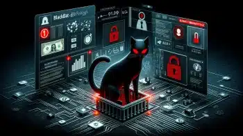 Blackcat claims qsi banking cyberattack! 🚨🏦 Dall·e 2024 05 09 13. 24. 31 create a feature image for the article titled blackcat claims qsi banking cyberattack. Visualize a digital environment showing a stylized black cat