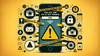 Teens send nude pix as sexy presents: a troubling trend Dall·e 2024 05 13 20. 17. 54 create a feature image for the article titled teens post send nude pix as sexy presents. Visualize a smartphone displaying a warning message about t