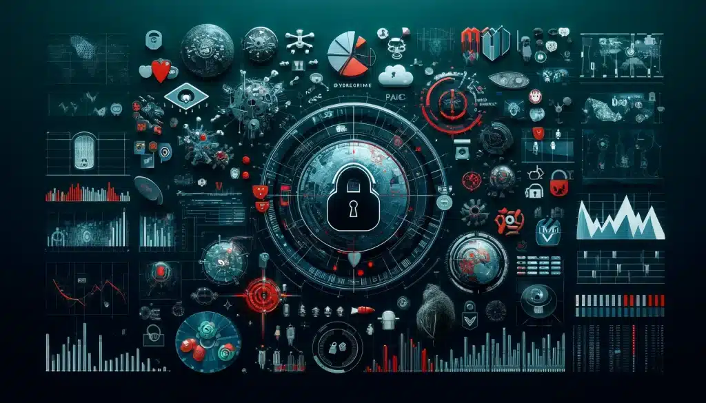 2023 key cybersecurity cyber crime statistics 🌐🔒 Dall·e 2024 05 14 14. 53. 14 create a feature image for the article titled cybercrime statistics. Visualize a high tech digital environment filled with various types of cybercri