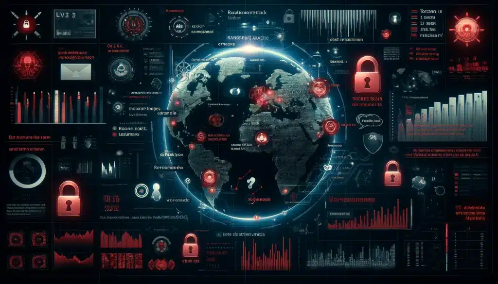 2023 key cybersecurity cyber crime statistics 🌐🔒 Dall·e 2024 05 14 16. 32. 25 create a feature image for the article titled ransomware statistics. Visualize a high tech digital environment filled with various ransomware attack