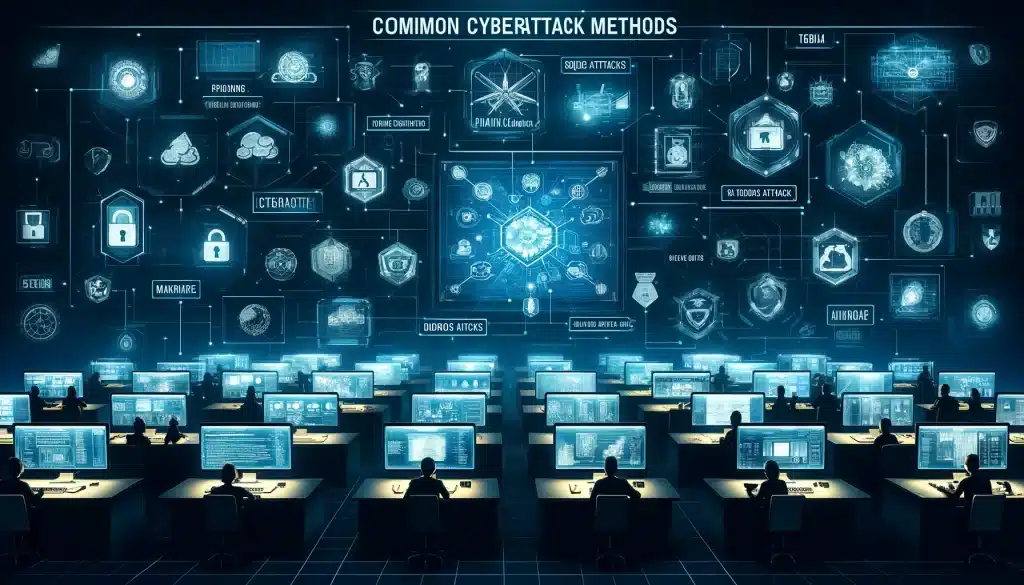 2023 key cybersecurity cyber crime statistics 🌐🔒 Dall·e 2024 05 14 16. 38. 04 create a feature image for the article titled common cyberattack methods. Visualize a high tech security command center filled with digital screens