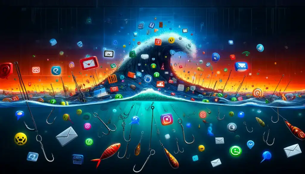 2023 key cybersecurity cyber crime statistics 🌐🔒 Dall·e 2024 05 14 16. 39. 47 create a feature image for the article titled phishing attacks are on their highest run. Visualize a digital ocean or river filled with various phis