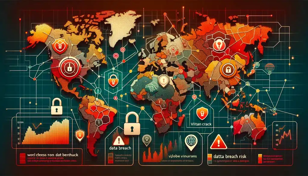 2023 key cybersecurity cyber crime statistics 🌐🔒 Dall·e 2024 05 14 16. 41. 05 create a feature image for the article titled global proneness to data breach and risk. Visualize a world map with various regions highlighted in di