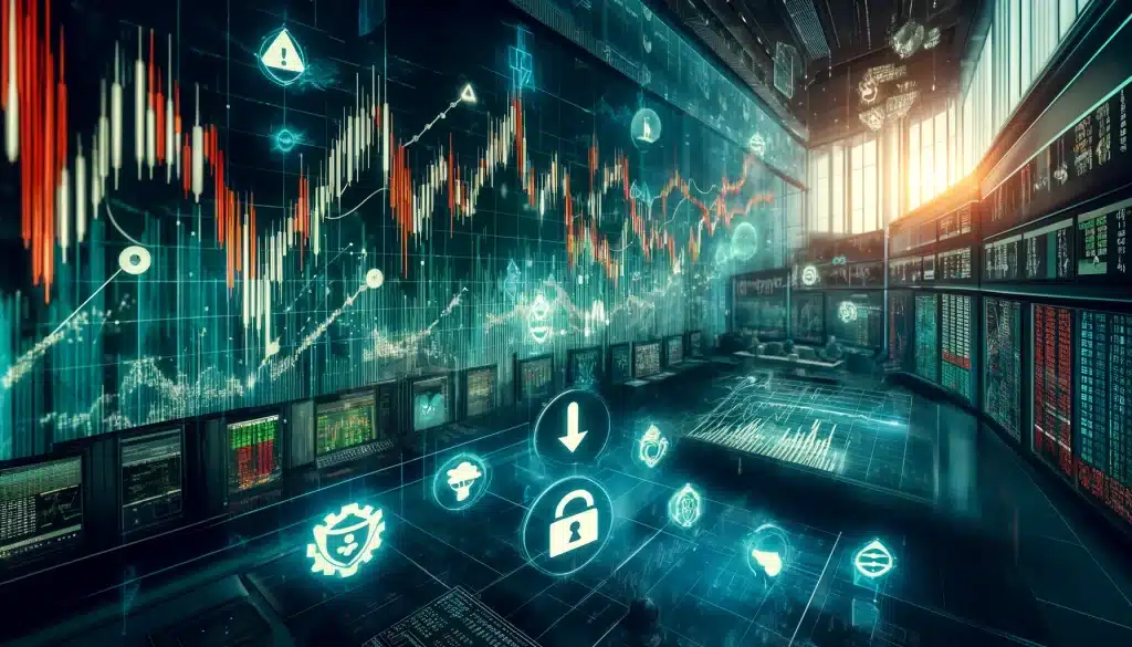 2023 key cybersecurity cyber crime statistics 🌐🔒 Dall·e 2024 05 14 16. 42. 56 create a feature image for the article titled cybersecurity impacts on stock market prices. Visualize a digital environment with a graph displaying 1 1