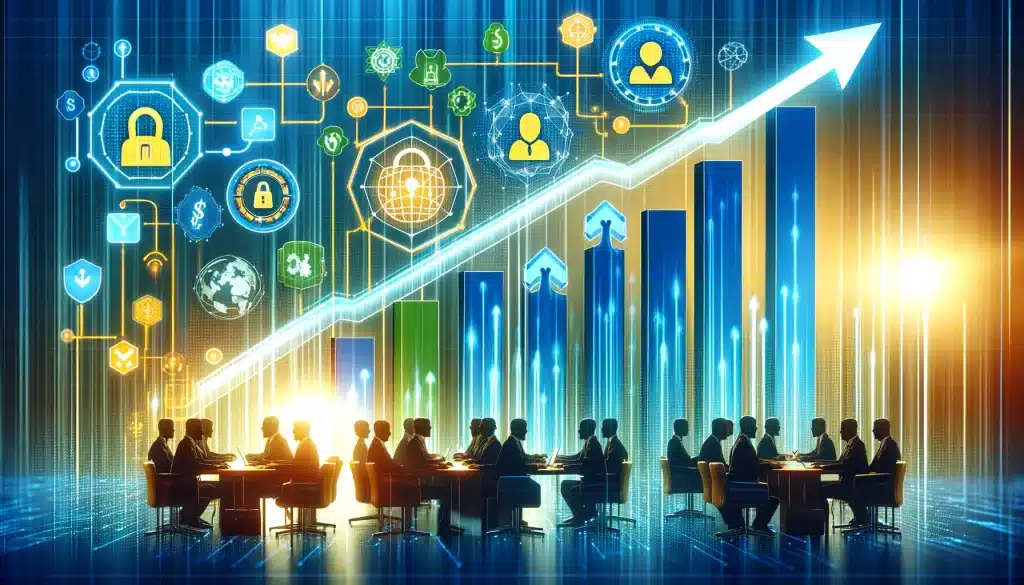 2023 key cybersecurity cyber crime statistics 🌐🔒 Dall·e 2024 05 14 16. 51. 37 create a feature image for the article titled growth statistics of cybersecurity jobs. Visualize a dynamic graph or bar chart showing the upward tre
