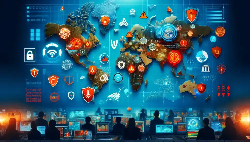 2023 key cybersecurity cyber crime statistics 🌐🔒 Dall·e 2024 05 14 16. 53. 20 create a feature image for the article titled country statistics of cybersecurity threats and programs. Visualize a world map with various countries