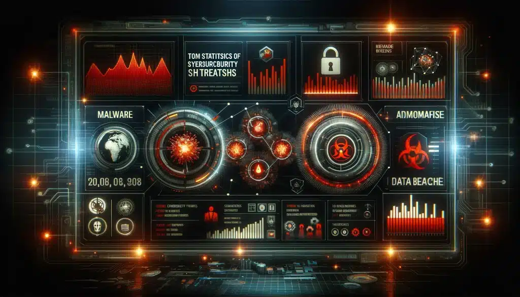 2023 key cybersecurity cyber crime statistics 🌐🔒 Dall·e 2024 05 14 16. 54. 40 create a feature image for the article titled statistics of top cybersecurity threats. Visualize a sophisticated digital dashboard showing the most