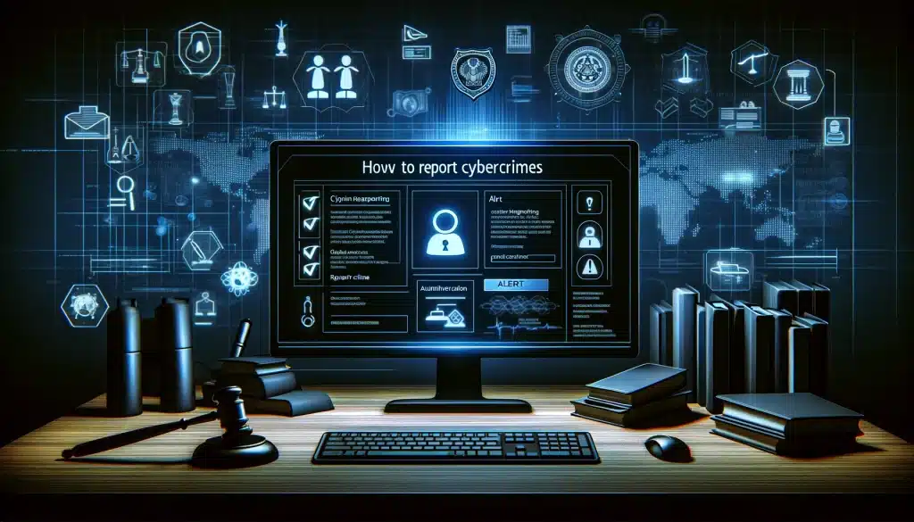2023 key cybersecurity cyber crime statistics 🌐🔒 Dall·e 2024 05 14 17. 09. 38 create a feature image for the article titled how to report cybercrimes. Visualize a digital environment with a computer screen displaying a cybercr