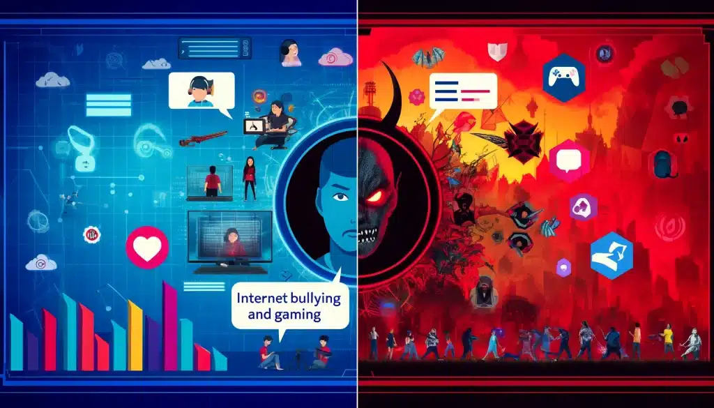 update: alarming cyberbullying statistics! 🚨💻 Dall·e 2024 05 15 09. 07. 46 create a feature image for the article titled internet bullying and gaming. Visualize a split screen design showing one side with a gaming environme