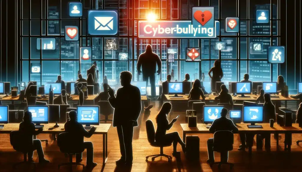 update: alarming cyberbullying statistics! 🚨💻 Dall·e 2024 05 15 09. 13. 13 create a feature image for the article titled cyberbullying in grown ups. Visualize a corporate office setting where elements of cyberbullying are s