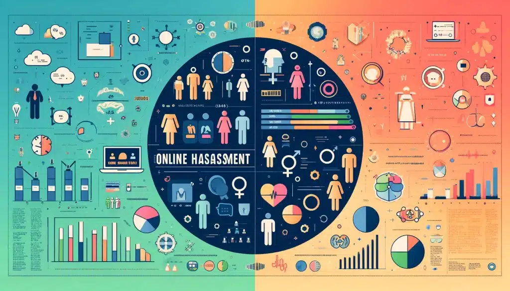 update: alarming cyberbullying statistics! 🚨💻 Dall·e 2024 05 15 09. 18. 31 create a feature image for the article titled online harassment divided by gender or sexuality stats. Visualize a split infographic design showing s