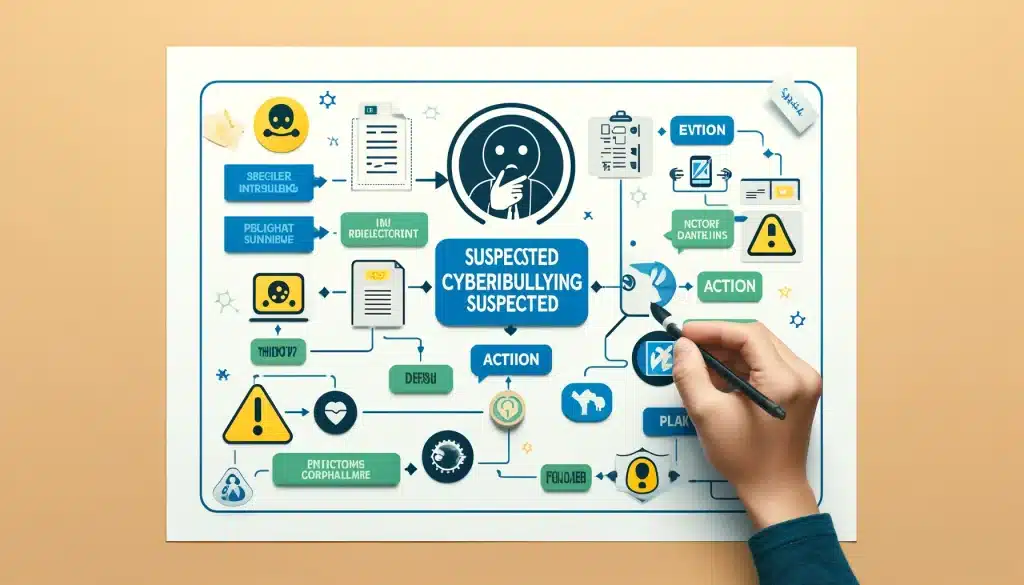 update: alarming cyberbullying statistics! 🚨💻 Dall·e 2024 05 15 11. 05. 12 create a feature image for the article titled actions to take on suspected cyberbullying target. Visualize a step by step guide or flowchart that ou