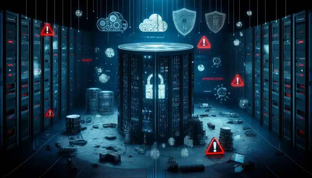 ransomware statistics: alarming trends revealed! 🚨🔐 Dall·e 2024 05 15 14. 20. 34 create a feature image for the article titled the alarming targeting of backup repositories. Visualize a digital vault or server room under cyber at 1