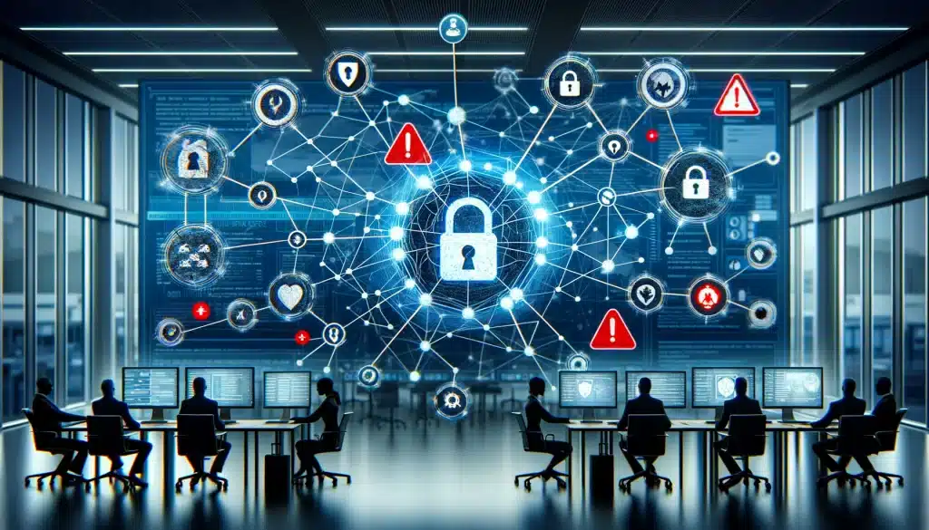 ransomware statistics: alarming trends revealed! 🚨🔐 Dall·e 2024 05 15 14. 25. 32 create a feature image for the article titled vulnerabilities in corporate networks. Visualize a network diagram with various nodes connected by lin