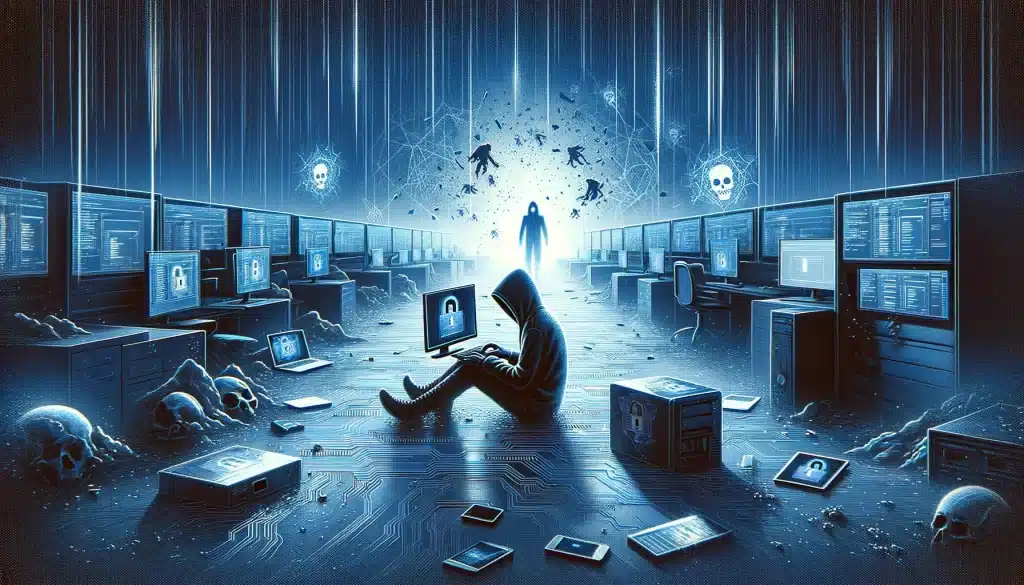 ransomware statistics: alarming trends revealed! 🚨🔐 Dall·e 2024 05 15 14. 55. 52 create a feature image for the article titled the lingering effects of ransomware attacks. Visualize a scene depicting the aftermath of a ransomware