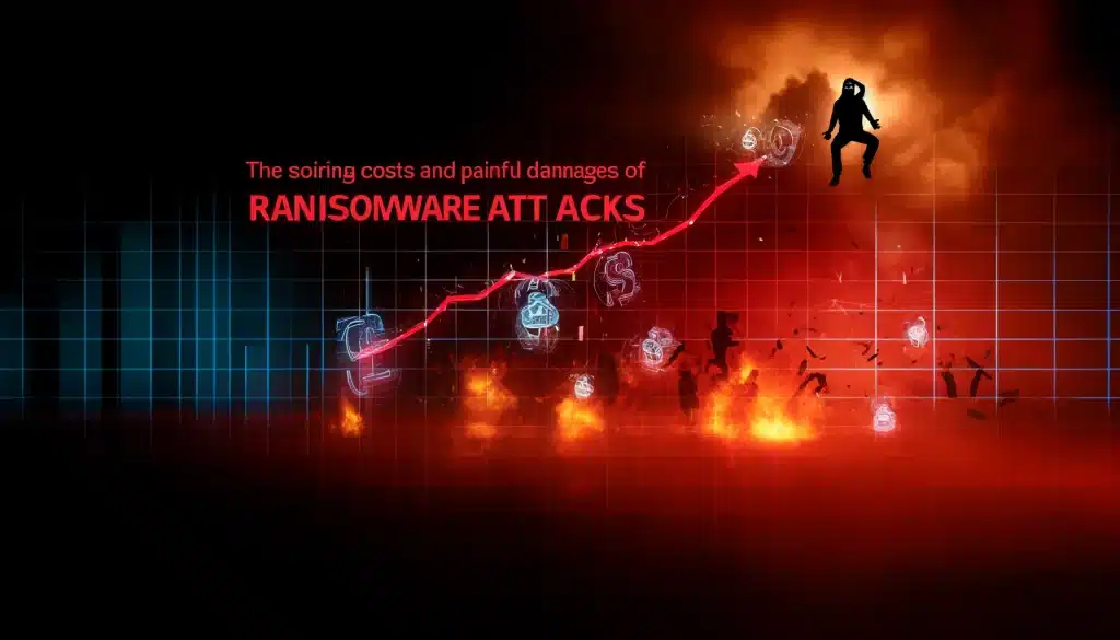 ransomware statistics: alarming trends revealed! 🚨🔐 Dall·e 2024 05 15 15. 00. 45 create a feature image for the article titled the soaring costs and painful damages of ransomware attacks. Visualize a dramatic scene depicting the