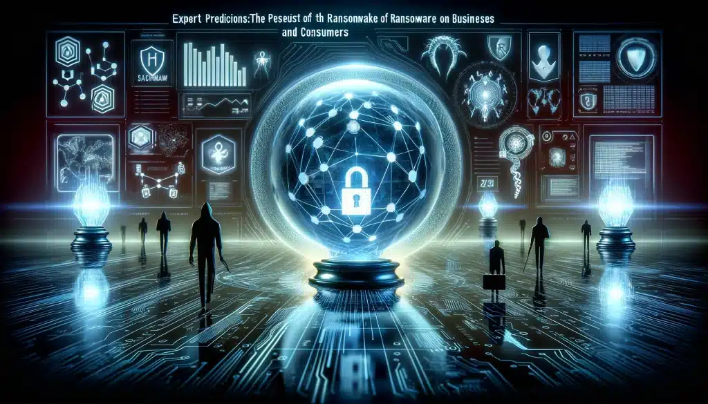 ransomware statistics: alarming trends revealed! 🚨🔐 Dall·e 2024 05 15 15. 04. 42 create a feature image for the article titled expert predictions the persistence of ransomware on businesses and consumers. Visualize a scene that