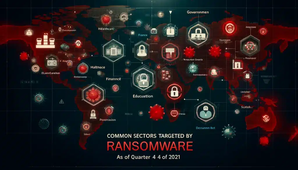 ransomware statistics: alarming trends revealed! 🚨🔐 Dall·e 2024 05 15 15. 06. 57 create a feature image for the article titled common sectors targeted by ransomware as of quarter 4 of 2021. Visualize a map or chart showing differ