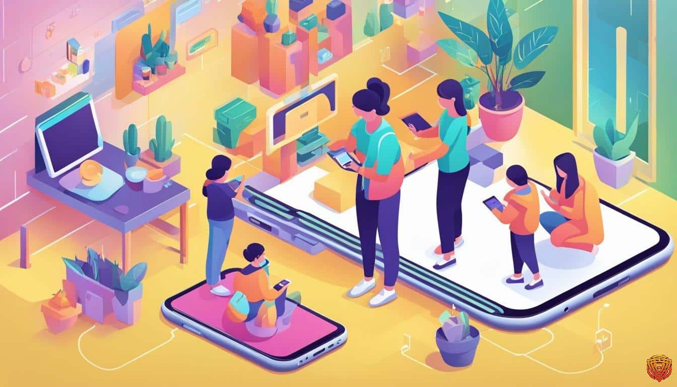 Illustration of a family using phones together