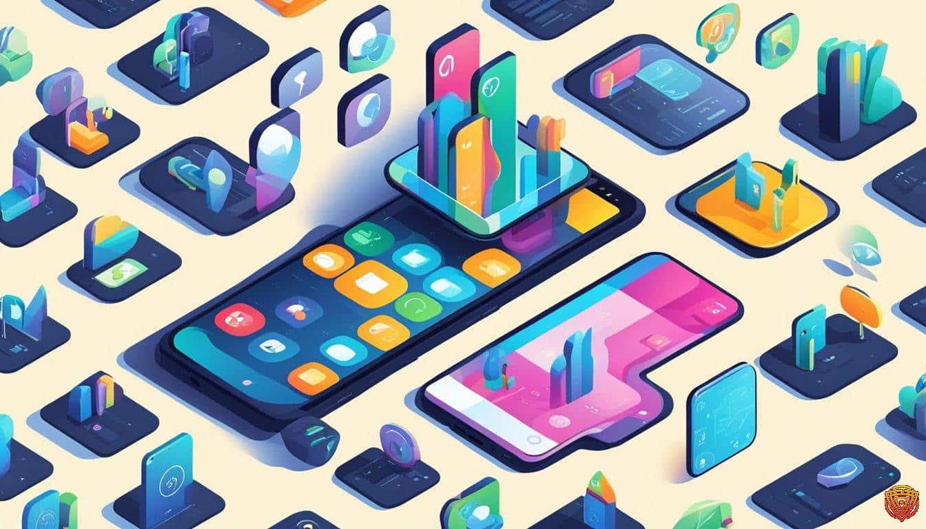 Concept illustration of a phone surrounded by app and digital safety symbols