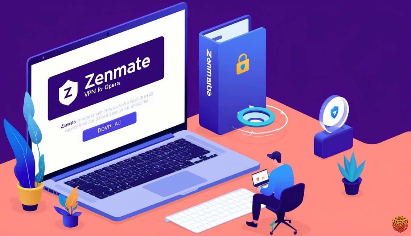 A computer screen displaying the zenmate vpn for opera extension download page, with the zenmate logo prominently featured