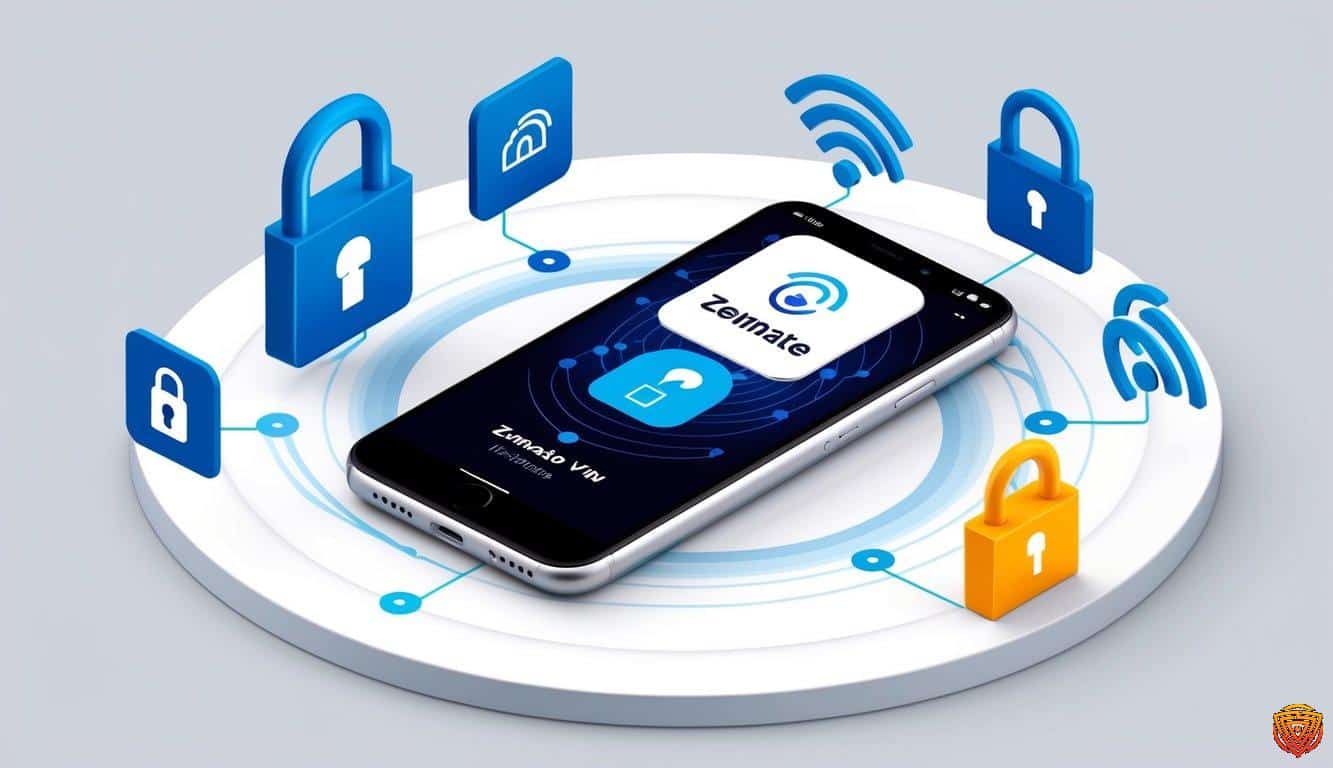 An iphone with the zenmate vpn app open, surrounded by virtual network connection symbols and a secure lock icon