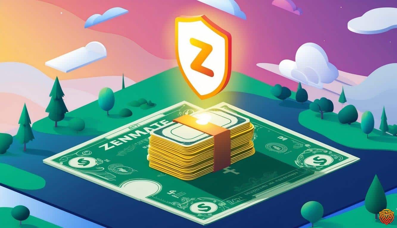 A serene landscape with a glowing zenmate vpn logo hovering above a stack of currency, symbolizing the price and premium account options