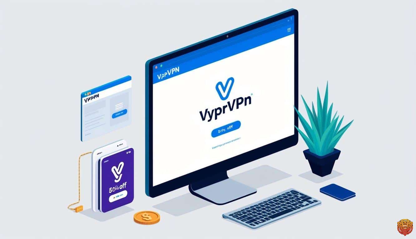 A computer screen displaying a webpage with the vyprvpn logo and a "50% off" discount offer