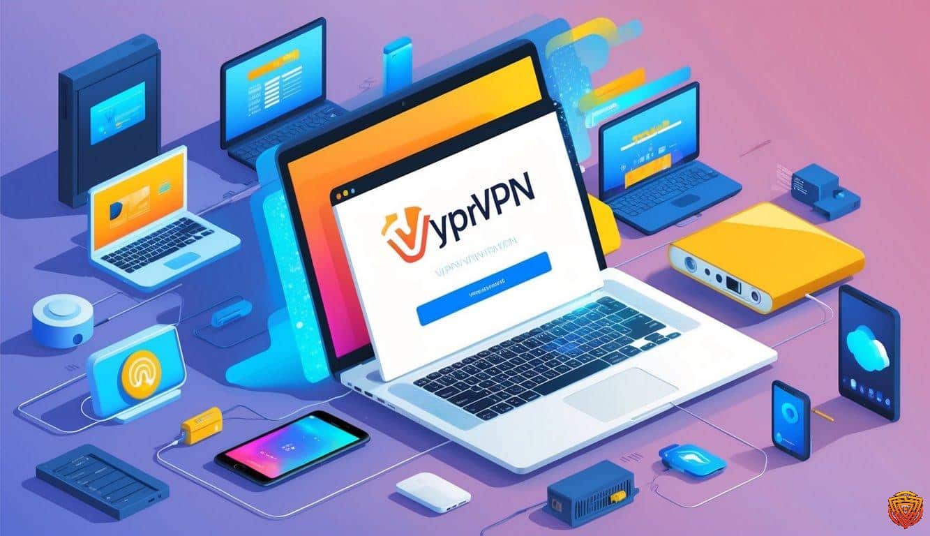 A laptop with a glowing screen displaying the vyprvpn website, surrounded by various electronic devices