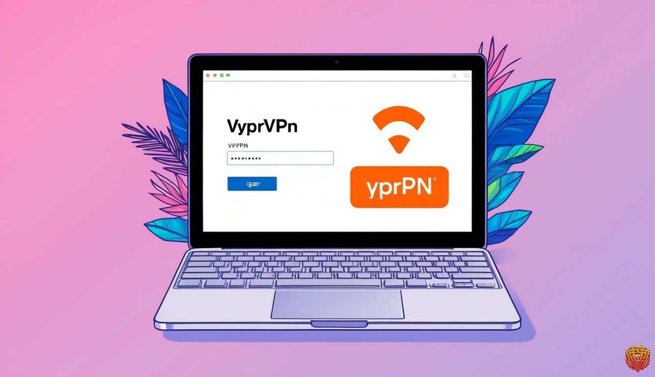 A laptop open to a vyprvpn login page with the vyprvpn logo displayed prominently