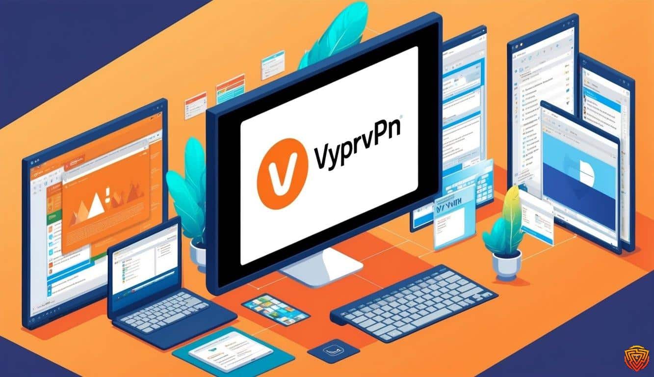 A computer screen with the vyprvpn logo displayed, surrounded by various open windows and tabs on a linux operating system