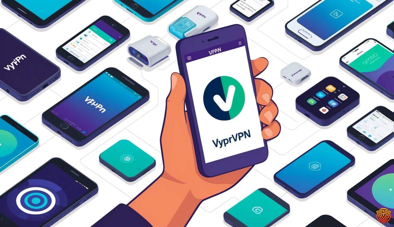A hand holding a smartphone with the vyprvpn app open, surrounded by various mobile devices