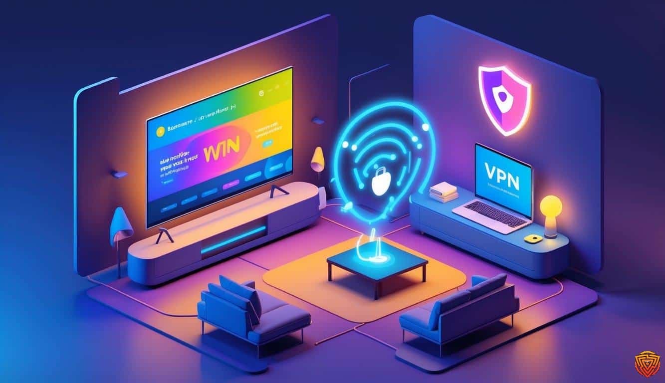A modern living room with a large tv showing a streaming interface and a glowing shield icon representing a secure vpn connection.