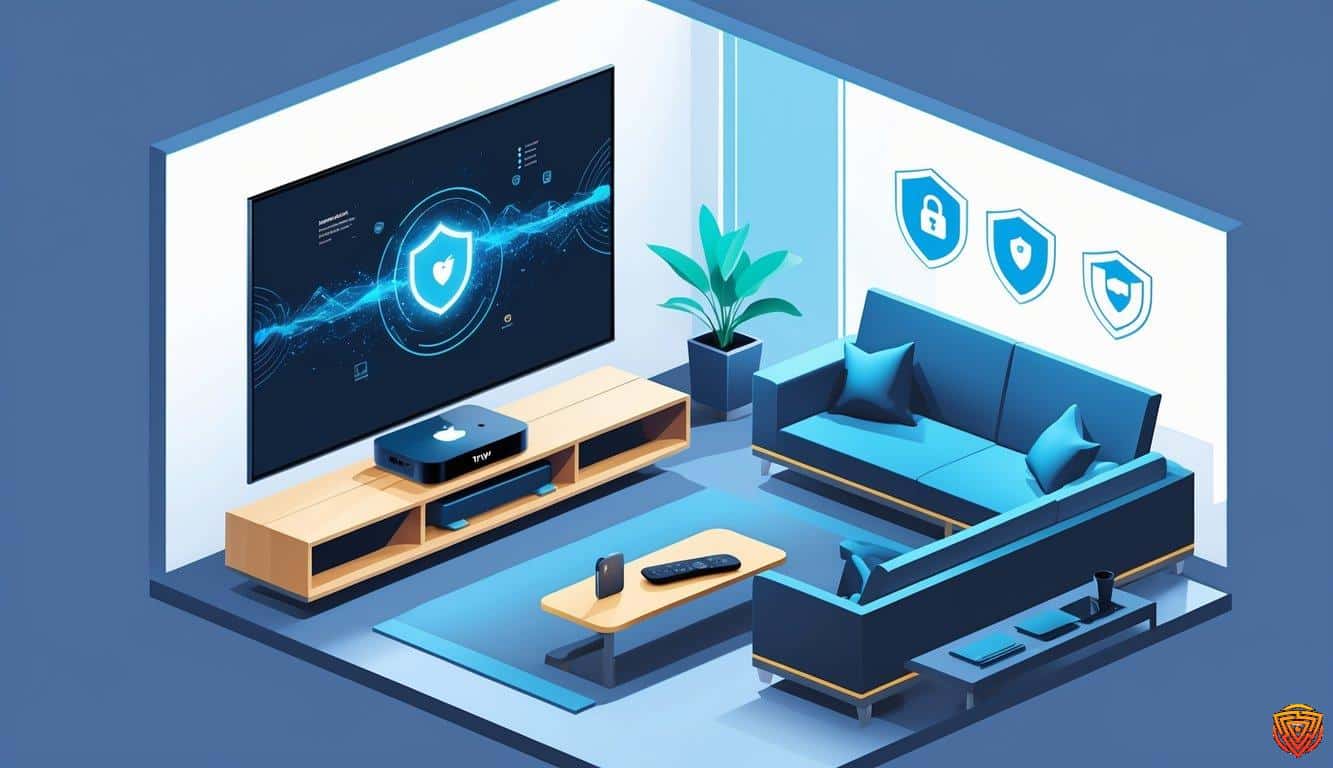 A modern living room with an apple tv on a media console connected to a large tv screen showing digital network signals, surrounded by icons representing internet security.