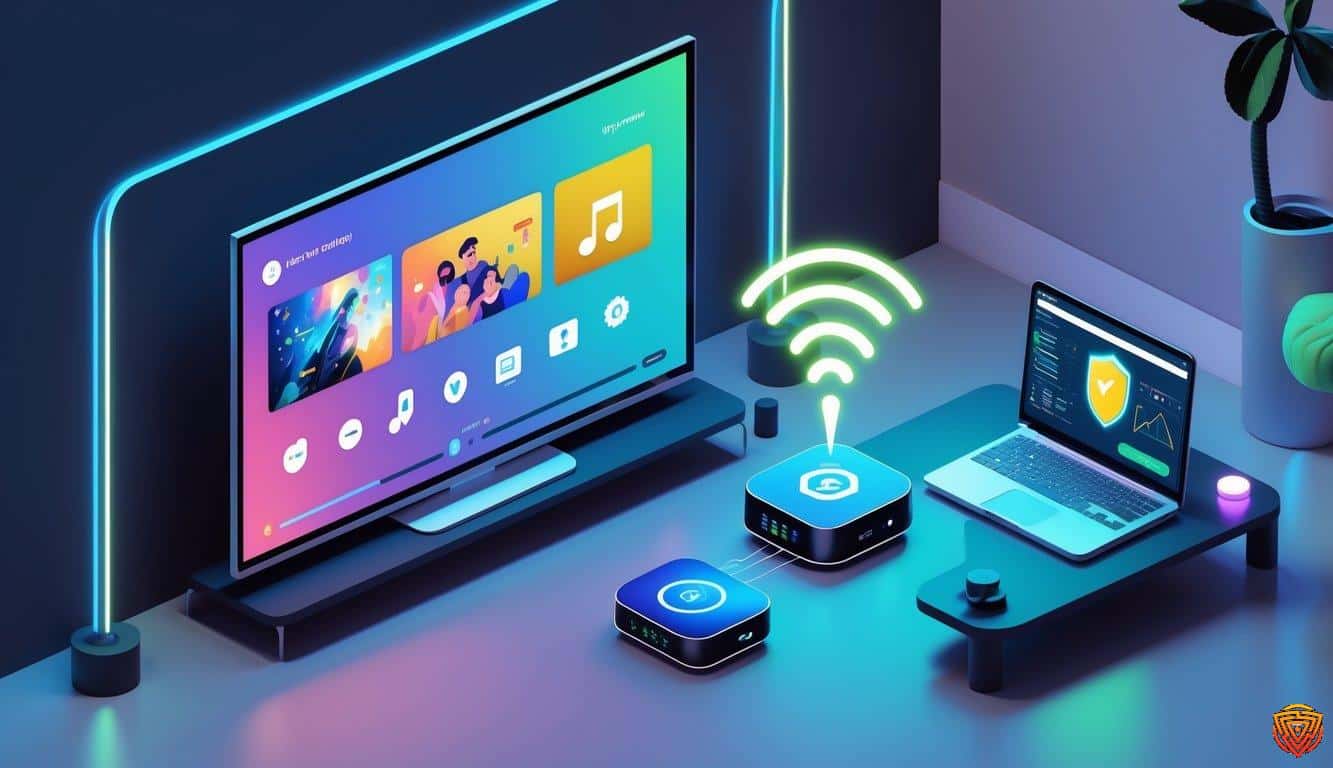 A modern living room with a large tv showing colorful media icons, a laptop displaying network security graphs, and a router emitting glowing signals representing a secure connection.