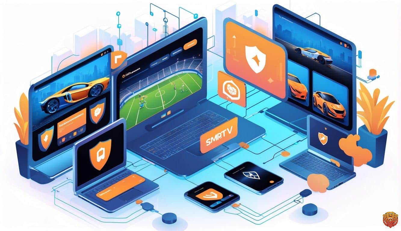 A digital home entertainment setup showing multiple screens with sports content and visual symbols of secure internet connection and data protection.