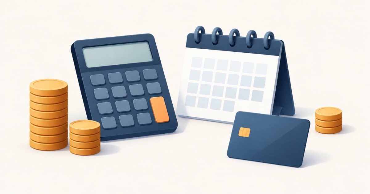 Calculator, calendar and coin stacks illustrating upfront subscription cost and renewal