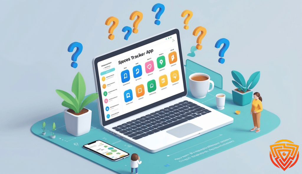 Laptop displaying app with question marks  what is a spouse tracker app?