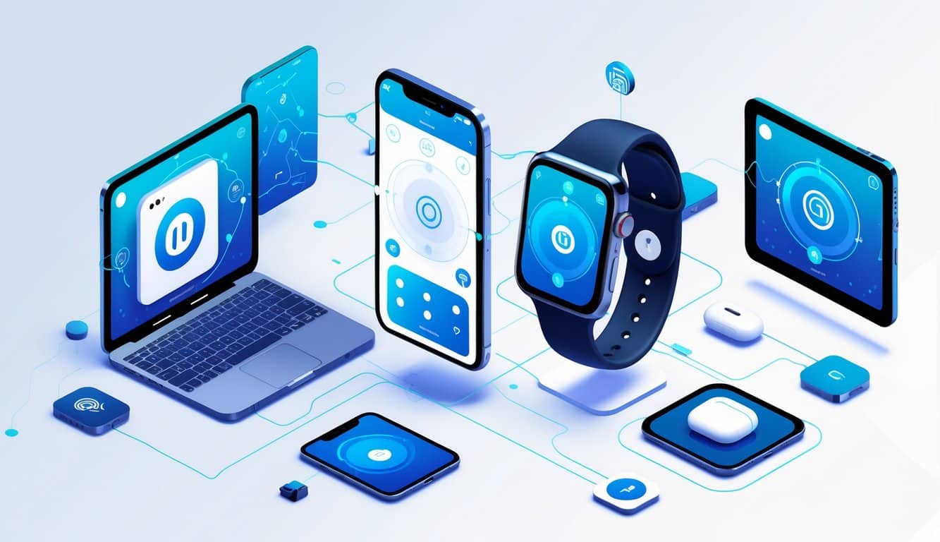 An isometric illustration showing a smartphone and smartwatch with app interfaces, connected to other devices like a tablet and laptop, representing device compatibility and installation.