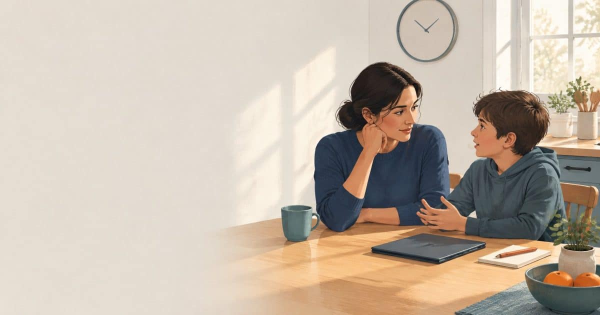 Illustration of a parent and child discussing a routine beside a closed tablet