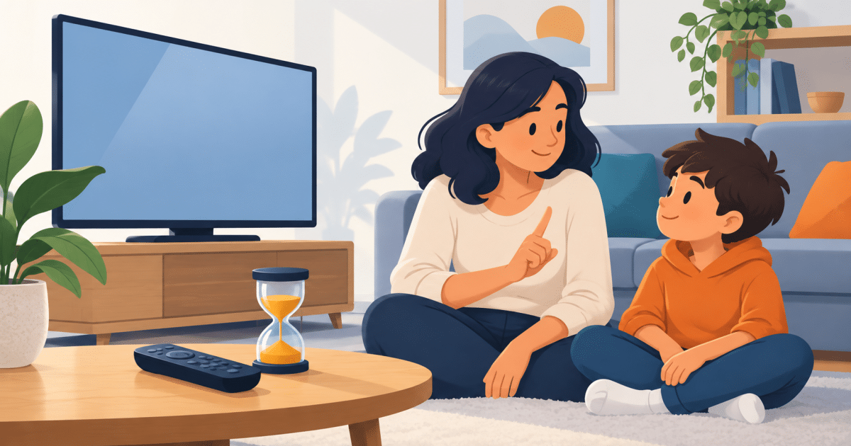 Editorial illustration of a family agreeing tv viewing time beside a remote and timer