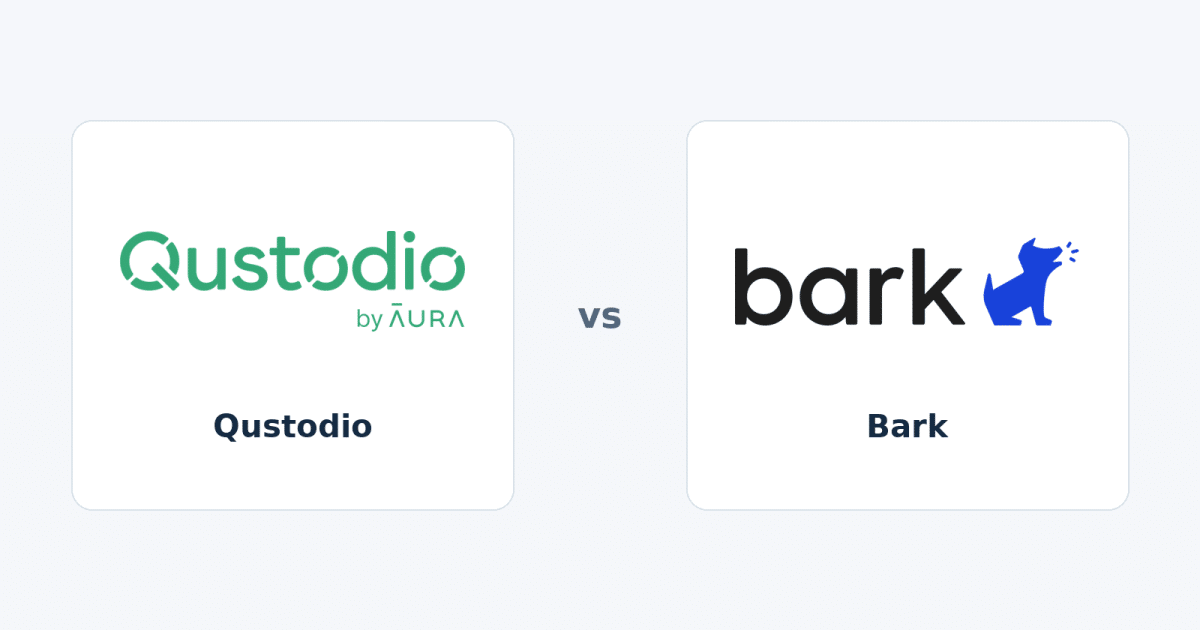 Qustodio and bark official logos in a neutral sidebyside comparison
