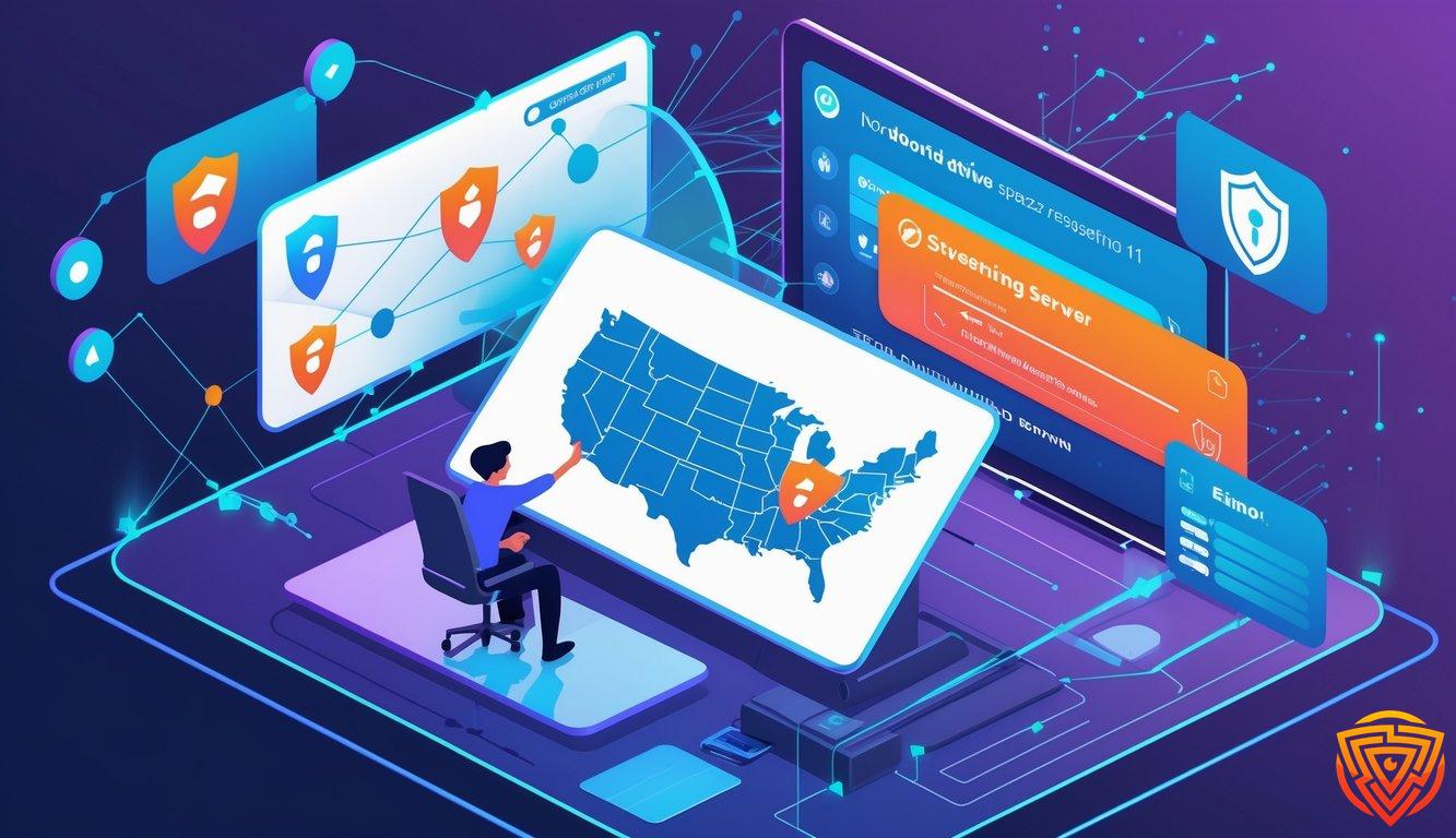 Nordvpn netflix : unbeatable streaming success guide A person at a desk interacting with floating digital screens showing vpn connections, streaming servers, and error alerts, surrounded by network and security icons.