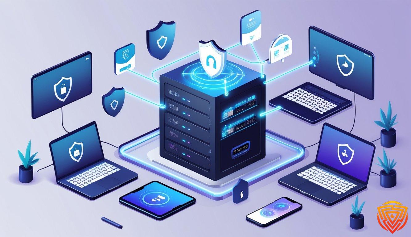 Zoogvpn free : outstanding benefits & real limitations A workspace with multiple digital devices connected to a central server, showing secure network connections and symbols representing security and speed.