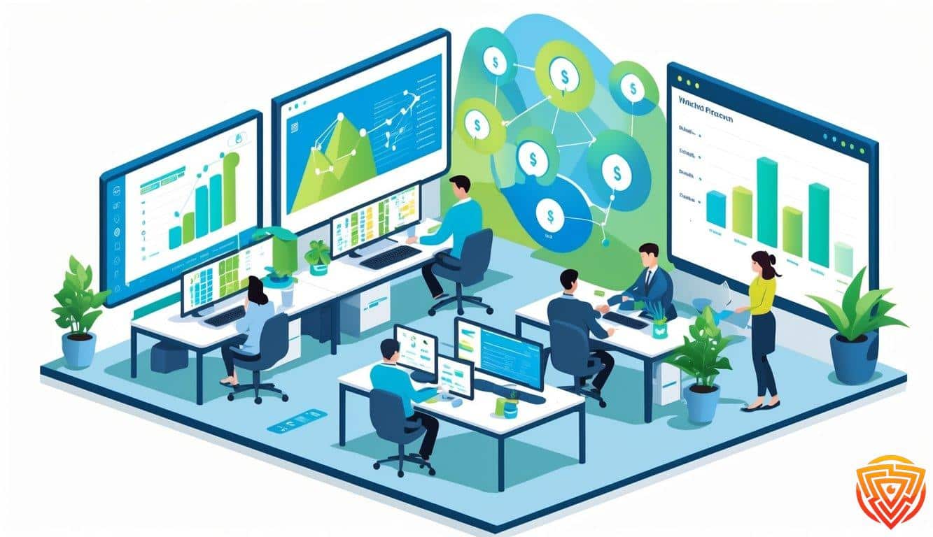 A modern office scene with professionals working together at desks, digital screens showing graphs and charts, and a bearthemed decoration symbolizing teamwork and business solutions.
