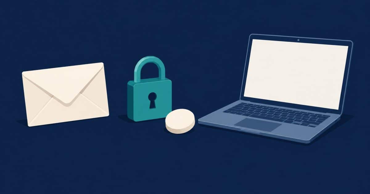 Conceptual illustration of a sealed envelope, padlock, blank token and unbranded laptop