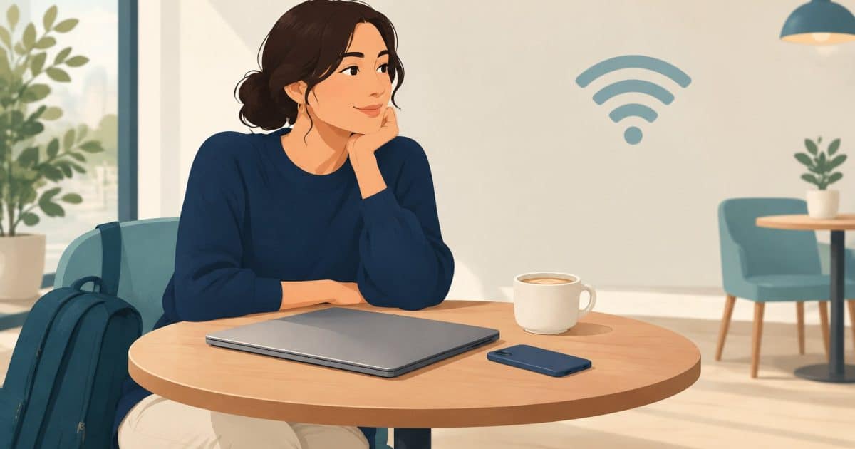 Conceptual illustration of a traveller with a closed laptop and facedown phone in a café