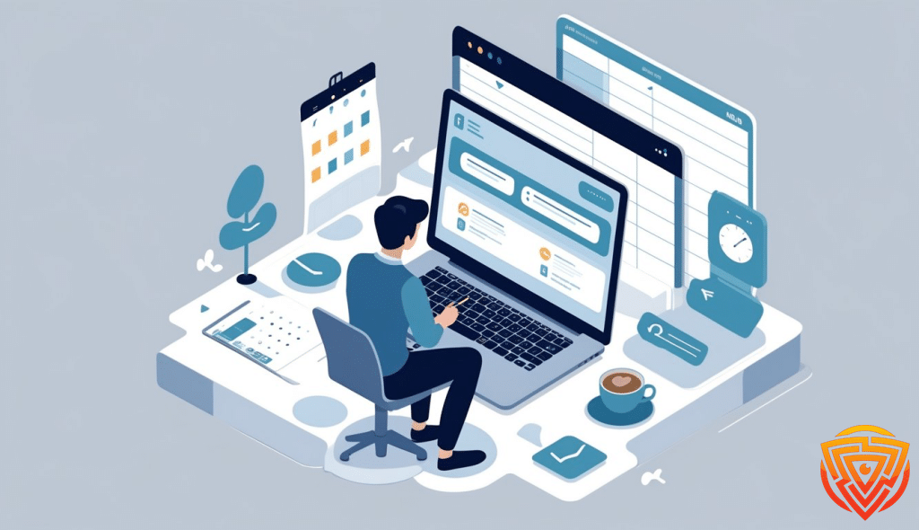 Person working on a laptop illustration.