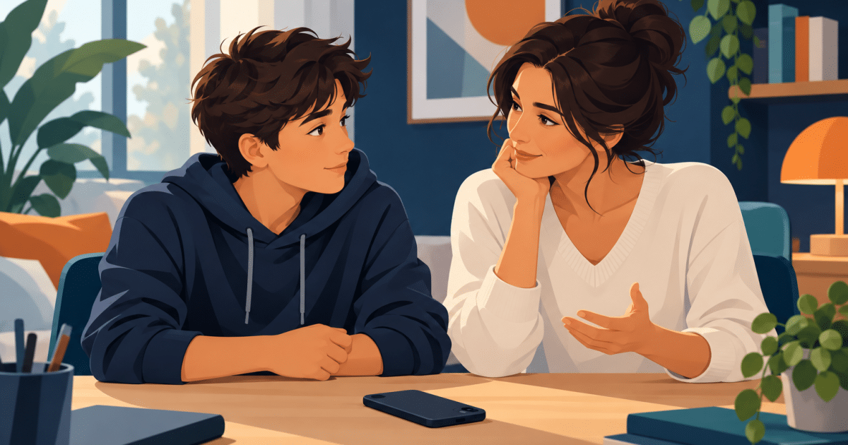 A parent and teenager having a calm, supportive conversation beside a phone